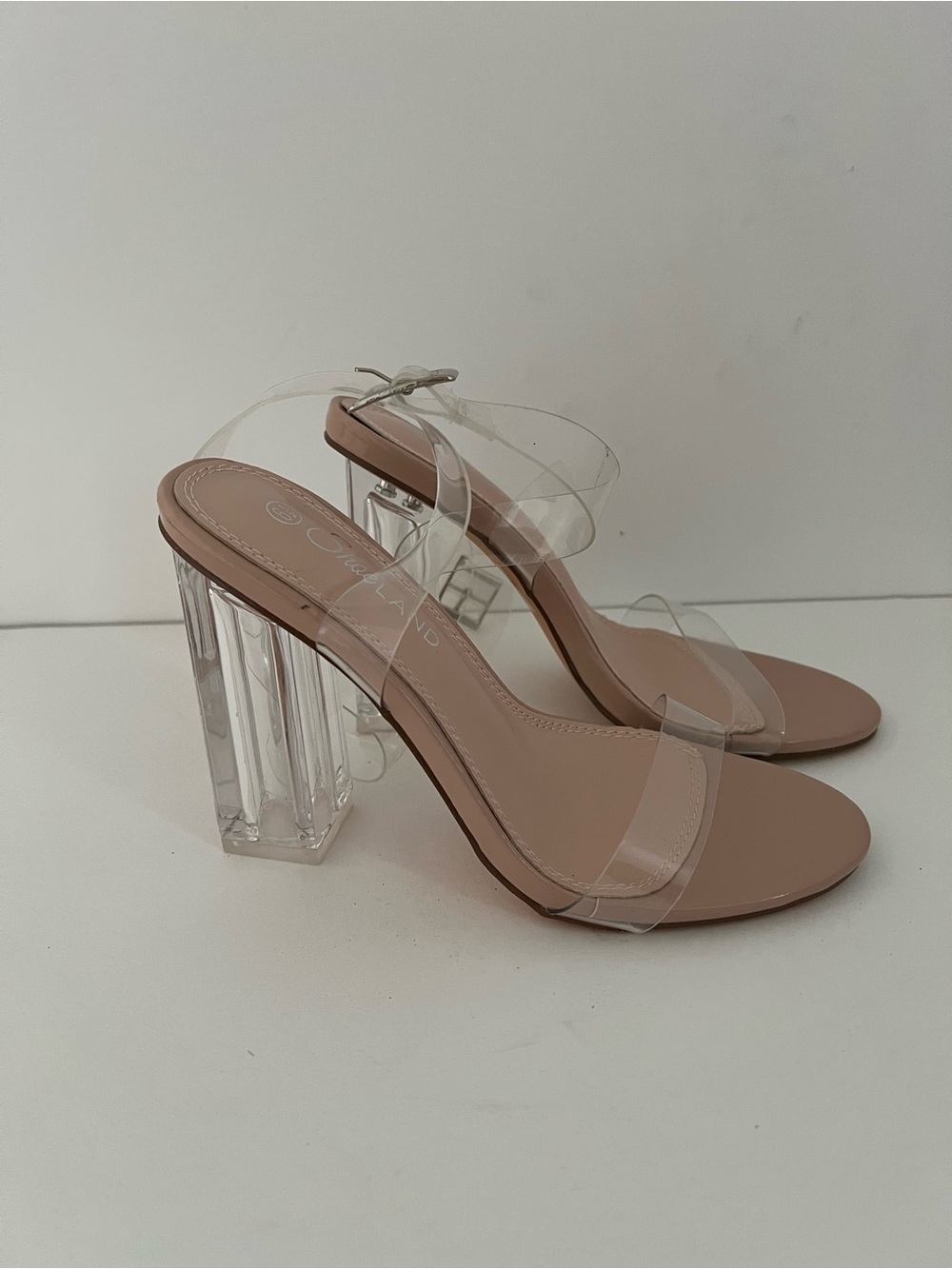 Nude Block Heel Sandals with Clear Straps